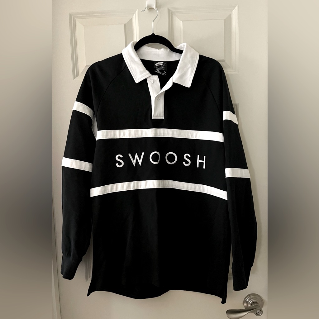 Nike Sportswear Swoosh Men's Rugby Shirt Black & White Collared 2 Button Size L